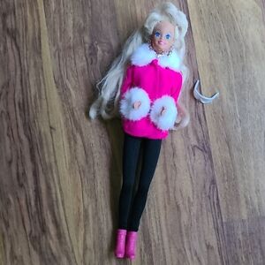 Vintage Barbie Doll – Pink Winter Glam Outfit, Faux Fur Trim, Blonde Hair